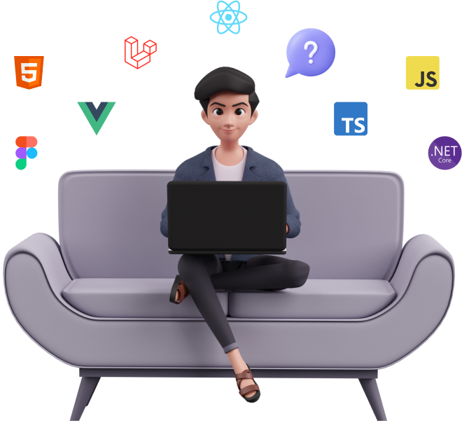 Developer with tech logos on a couch